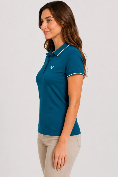 Women's 280 GSM Bio-Washed Cotton Polo T-Shirt - Teal / White Border side view
