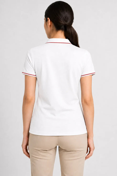 Women's 280 GSM Bio-Washed Cotton Polo T-Shirt - White / Red Border back view
