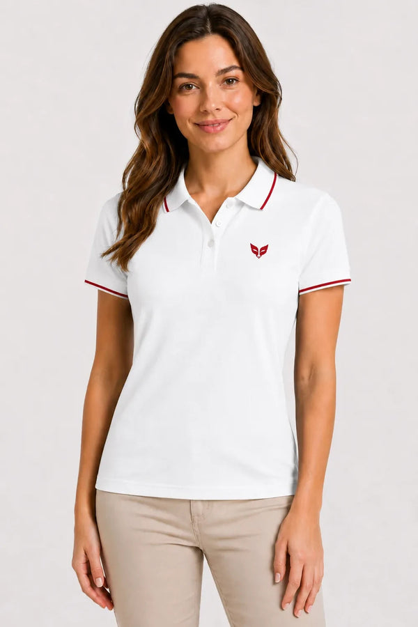 Women's 280 GSM Bio-Washed Cotton Polo T-Shirt - White / Red Border front view