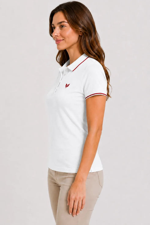 Women's 280 GSM Bio-Washed Cotton Polo T-Shirt - White / Red Border side view