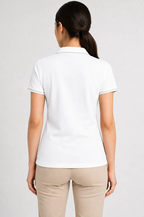 Women's 280 GSM Bio-Washed Cotton Polo T-Shirt - White / Tonal Gray Border back view