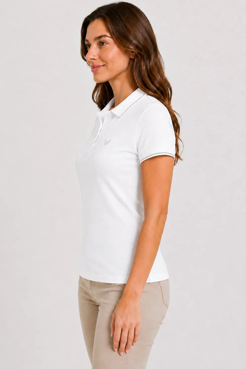 Women's 280 GSM Bio-Washed Cotton Polo T-Shirt - White / Tonal Gray Border side view