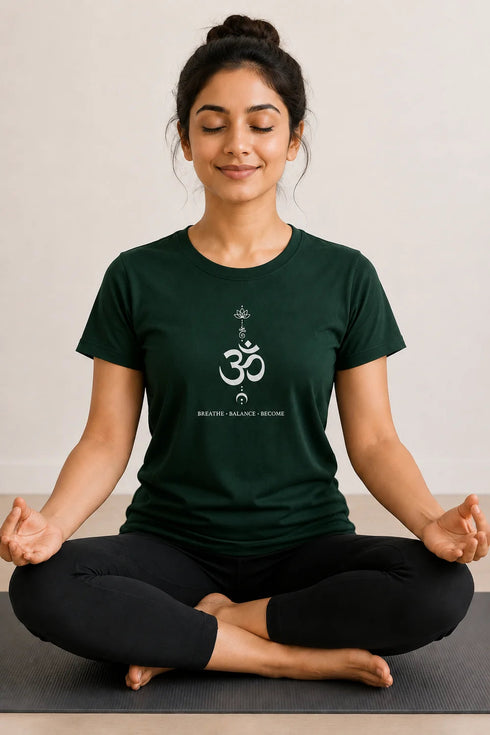 Rare Mode women's Om yoga regular fit T-shirt in Green, sukhasana close-up view