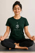 Rare Mode women's Om yoga regular fit T-shirt in Green, sukhasana close-up view
