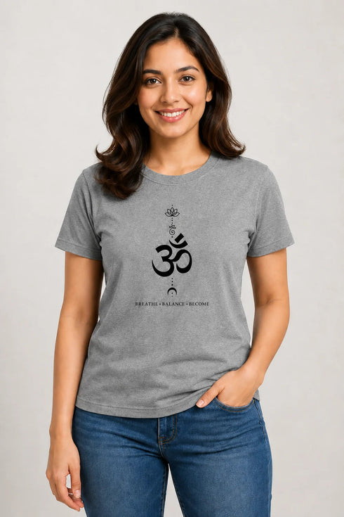 Rare Mode women's Om yoga regular fit T-shirt in Grey, front view