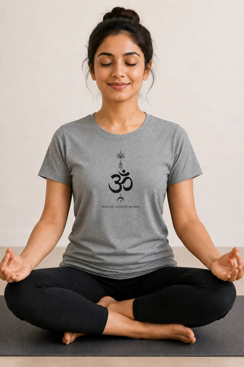 Rare Mode women's Om yoga regular fit T-shirt in Grey, sukhasana close-up view