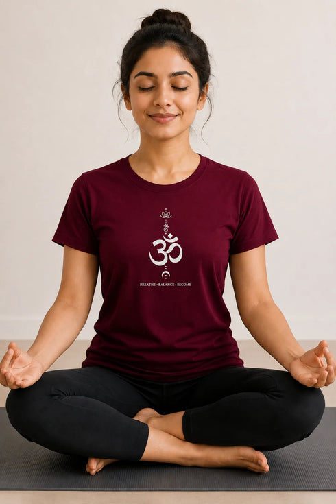 Rare Mode women's Om yoga regular fit T-shirt in Maroon, sukhasana close-up view