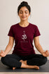 Rare Mode women's Om yoga regular fit T-shirt in Maroon, sukhasana close-up view