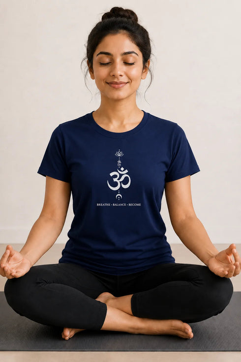 Rare Mode women's Om yoga regular fit T-shirt in Navy, sukhasana close-up view