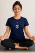 Rare Mode women's Om yoga regular fit T-shirt in Navy, sukhasana close-up view