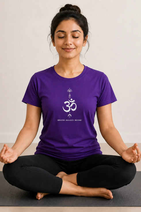 Rare Mode women's Om yoga regular fit T-shirt in Purple, sukhasana close-up view