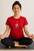 Rare Mode women's Om yoga regular fit T-shirt in Red, sukhasana close-up view