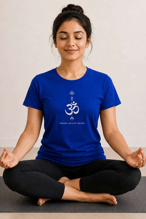 Rare Mode women's Om yoga regular fit T-shirt in Royal Blue, sukhasana close-up view
