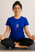 Rare Mode women's Om yoga regular fit T-shirt in Royal Blue, sukhasana close-up view