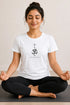 Rare Mode women's Om yoga regular fit T-shirt in White, sukhasana close-up view