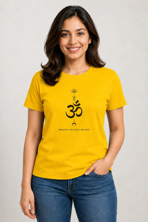 Rare Mode women's Om yoga regular fit T-shirt in Yellow, front view
