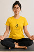 Rare Mode women's Om yoga regular fit T-shirt in Yellow, sukhasana close-up view