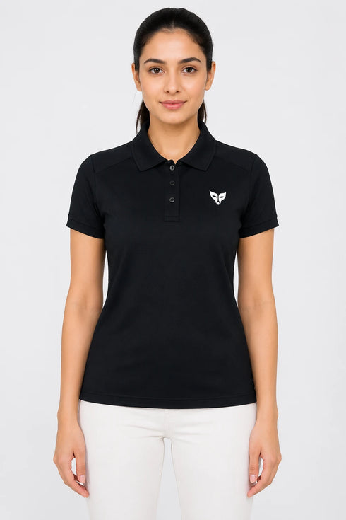 Women's Premium Cotton Polo T-Shirt - Black front view