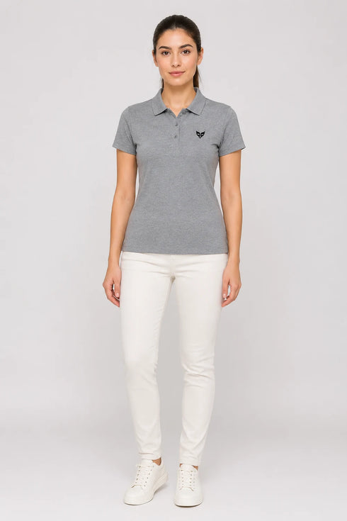 Women's Premium Cotton Polo T-Shirt - Heather Grey full view