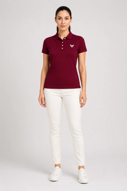Women's Premium Cotton Polo T-Shirt - Maroon full view