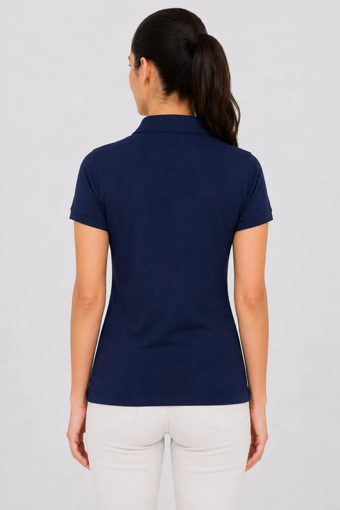 Women's Premium Cotton Polo T-Shirt - Navy Blue back view
