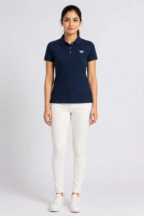 Women's Premium Cotton Polo T-Shirt - Navy Blue full view
