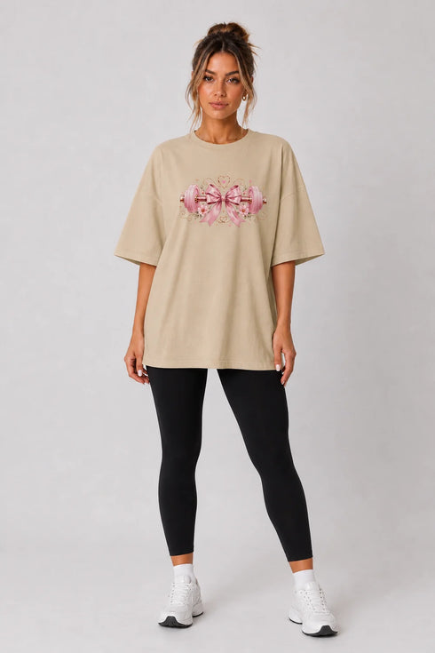 Women's beige fitness bow oversized T-shirt full model view
