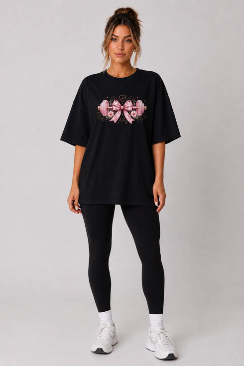 Women's black fitness bow oversized T-shirt full model view
