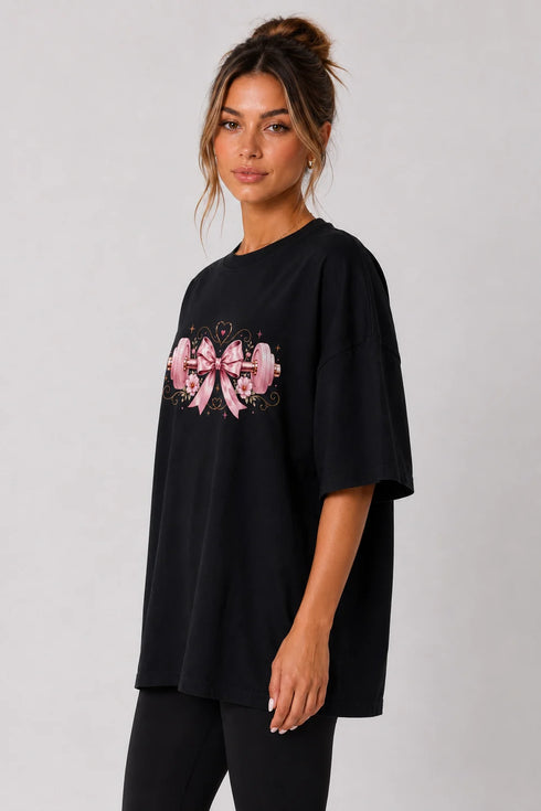 Women's black fitness bow oversized T-shirt side view