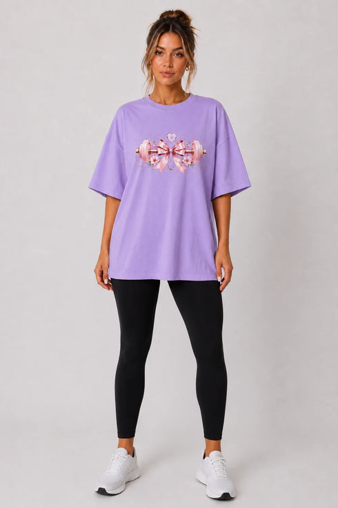 Women's purple fitness bow oversized T-shirt full model view