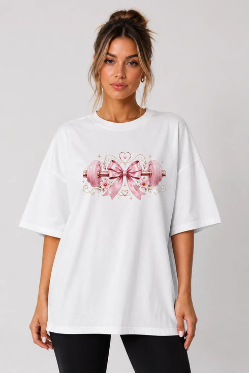 Women's white fitness bow oversized T-shirt front view