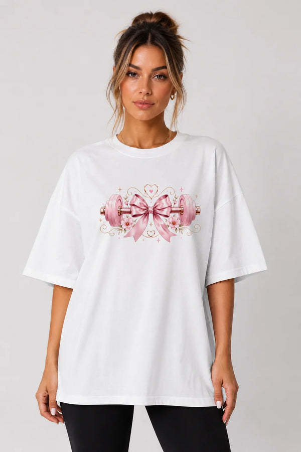 Women's white fitness bow oversized T-shirt front view