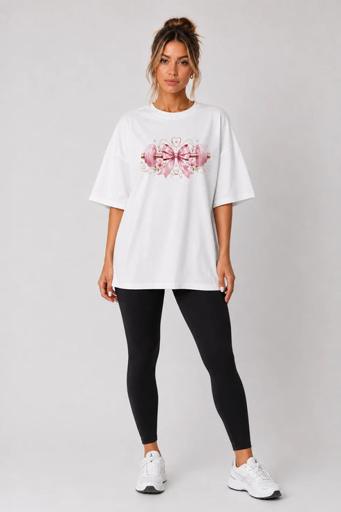 Women's white fitness bow oversized T-shirt full model view