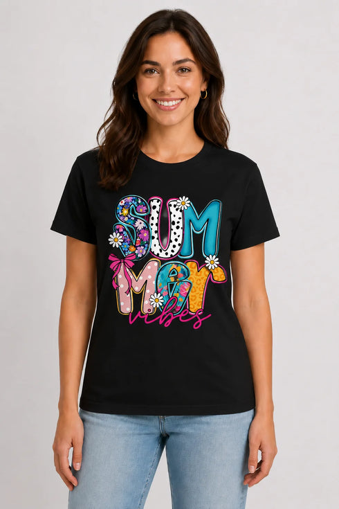 Women's Summer Vibes Premium Cotton T-Shirt - Black - Front View