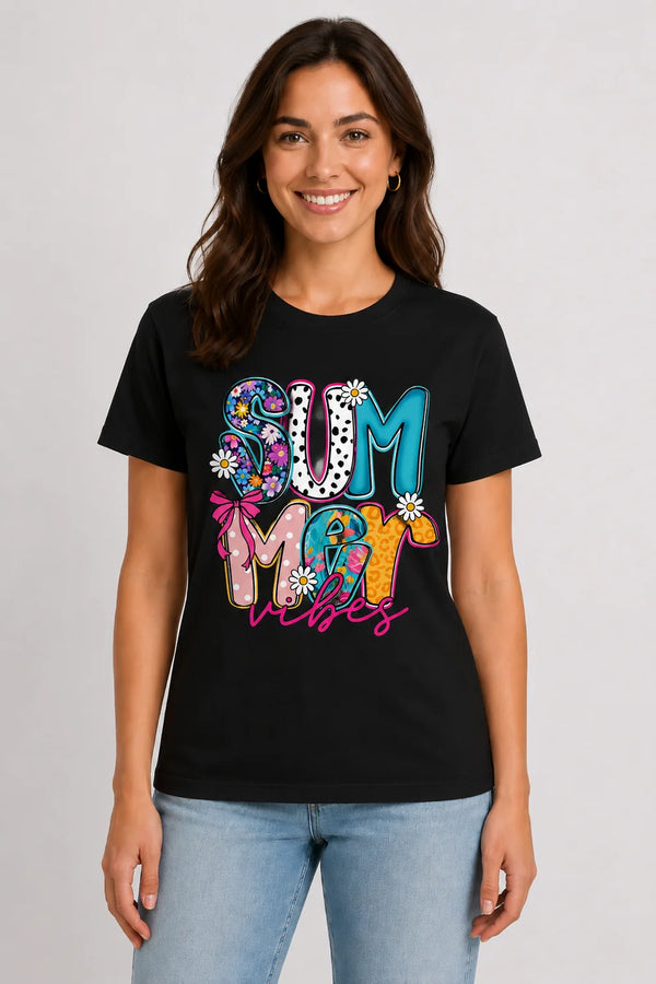 Women's Summer Vibes Premium Cotton T-Shirt - Black - Front View