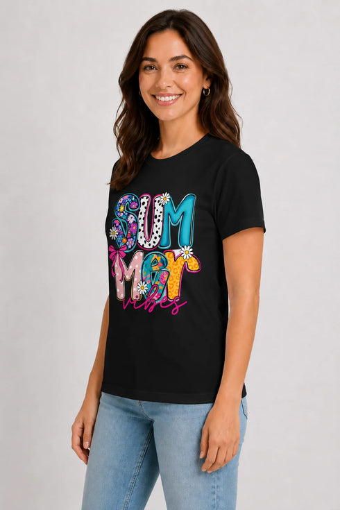 Women's Summer Vibes Premium Cotton T-Shirt - Black - Side View