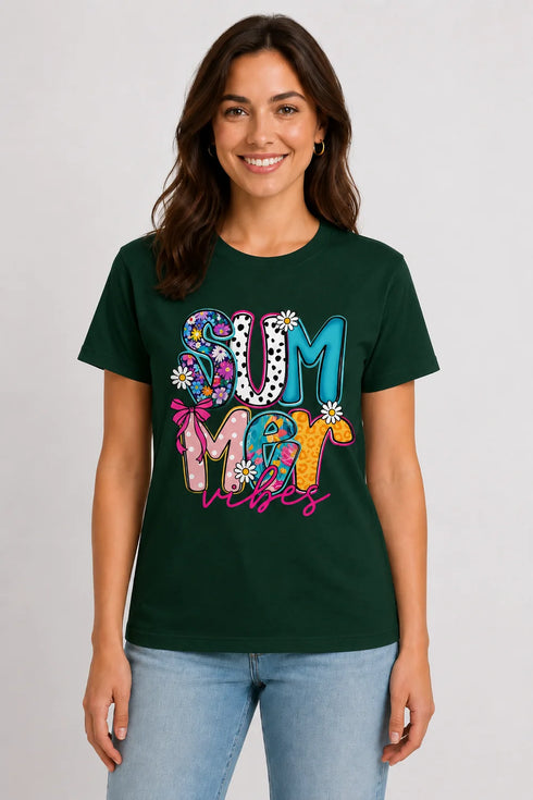 Women's Summer Vibes Premium Cotton T-Shirt - Dark Green - Front View