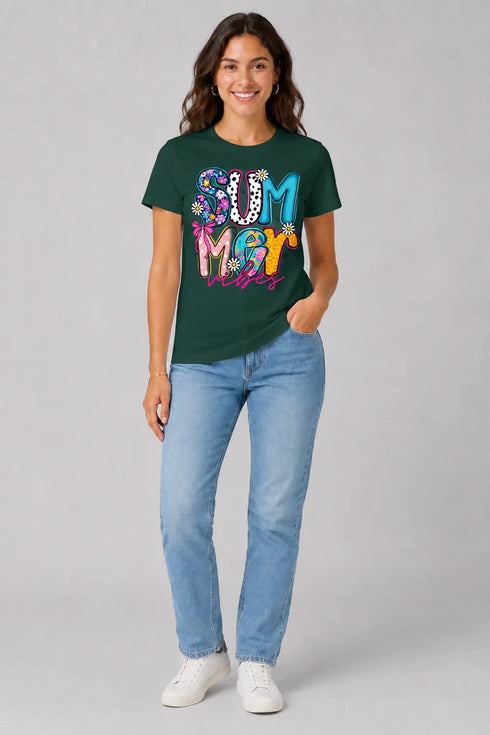 Women's Summer Vibes Premium Cotton T-Shirt - Dark Green - Full View