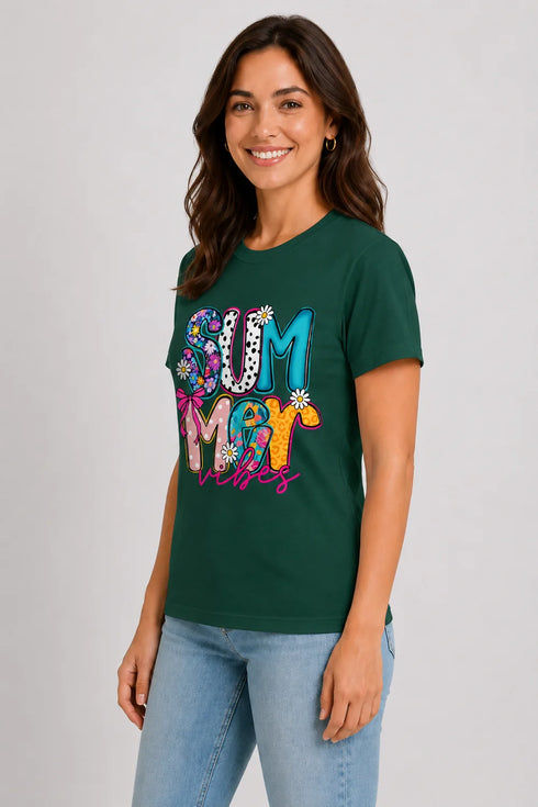 Women's Summer Vibes Premium Cotton T-Shirt - Dark Green - Side View