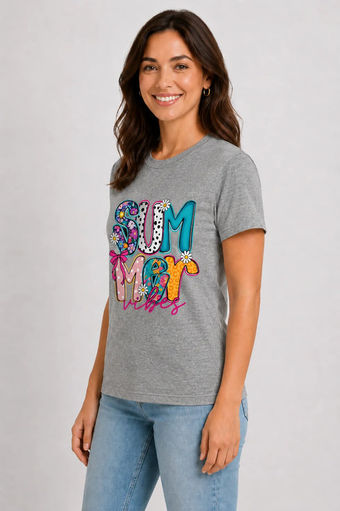 Women's Summer Vibes Premium Cotton T-Shirt - Grey - Side View