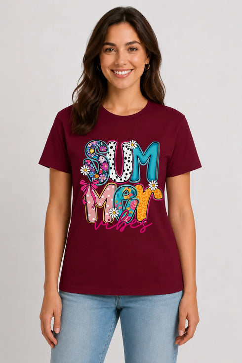 Women's Summer Vibes Premium Cotton T-Shirt - Maroon - Front View