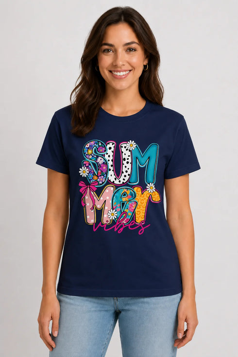 Women's Summer Vibes Premium Cotton T-Shirt - Navy - Front View