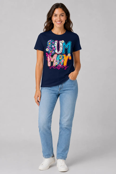 Women's Summer Vibes Premium Cotton T-Shirt - Navy - Full View