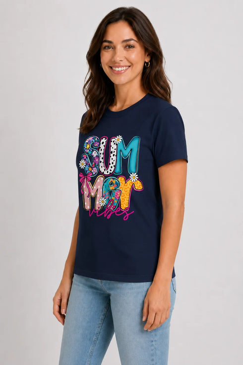 Women's Summer Vibes Premium Cotton T-Shirt - Navy - Side View