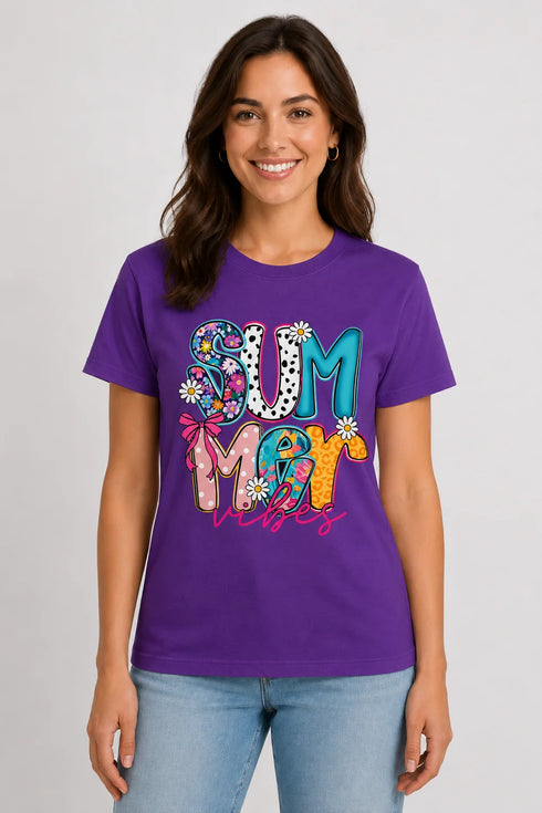 Women's Summer Vibes Premium Cotton T-Shirt - Purple - Front View
