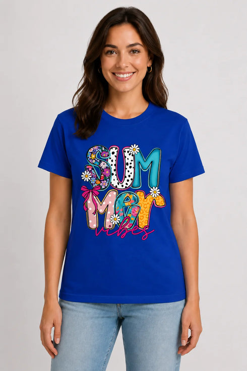 Women's Summer Vibes Premium Cotton T-Shirt - Royal Blue - Front View