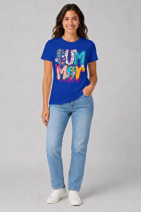Women's Summer Vibes Premium Cotton T-Shirt - Royal Blue - Full View