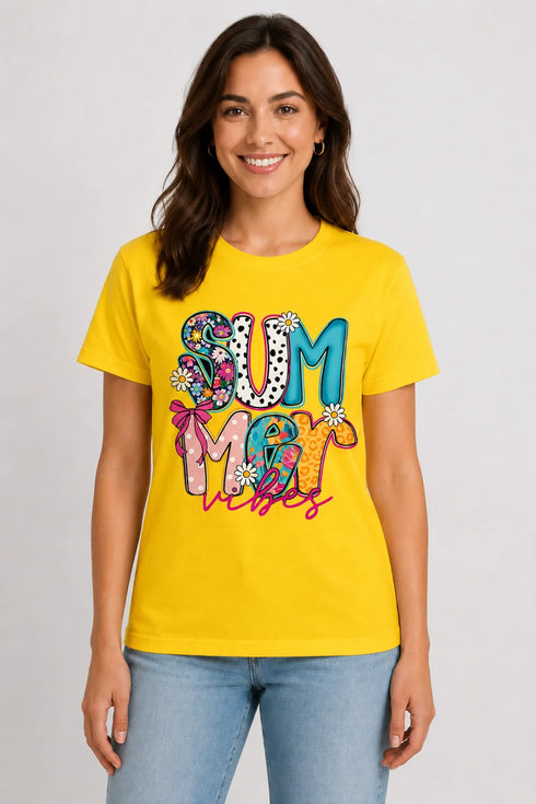 Women's Summer Vibes Premium Cotton T-Shirt - Yellow - Front View
