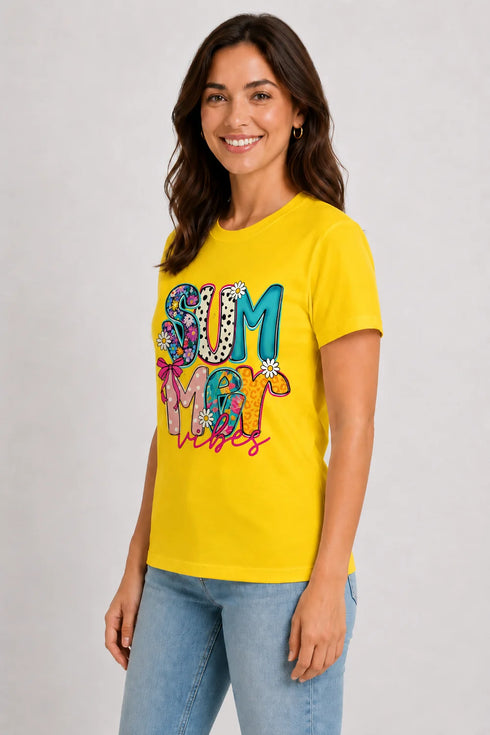 Women's Summer Vibes Premium Cotton T-Shirt - Yellow - Side View