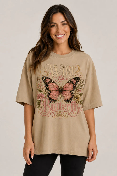 Wild Like A Butterfly Oversized T-Shirt for Women in Beige oversized fit on women model